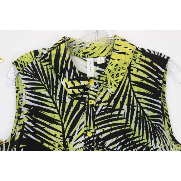 Tacera A-Line Button Down Dress Sleeveless Leaf Print Yellow Black - Picture 8 of 13